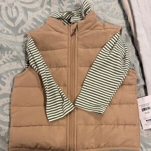 Petit Lem Tan Quilted Vest with Green Striped Sleeves 24 months